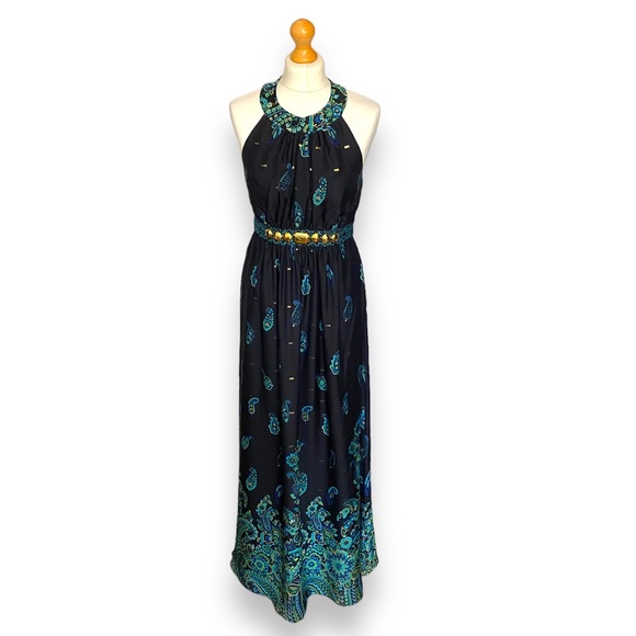 Tibi Dresses & Skirts - Tibi Dress Maxi Halter Neck Silk Black Green Paisley Embellished Occasion 10 12